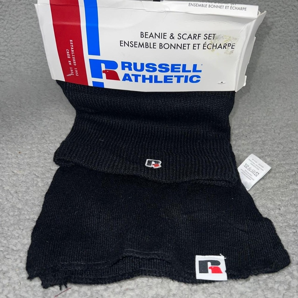 NWT Russell Athletic Beanie & Scarf‎ Unisex Black 100% Acrylic Winter Set